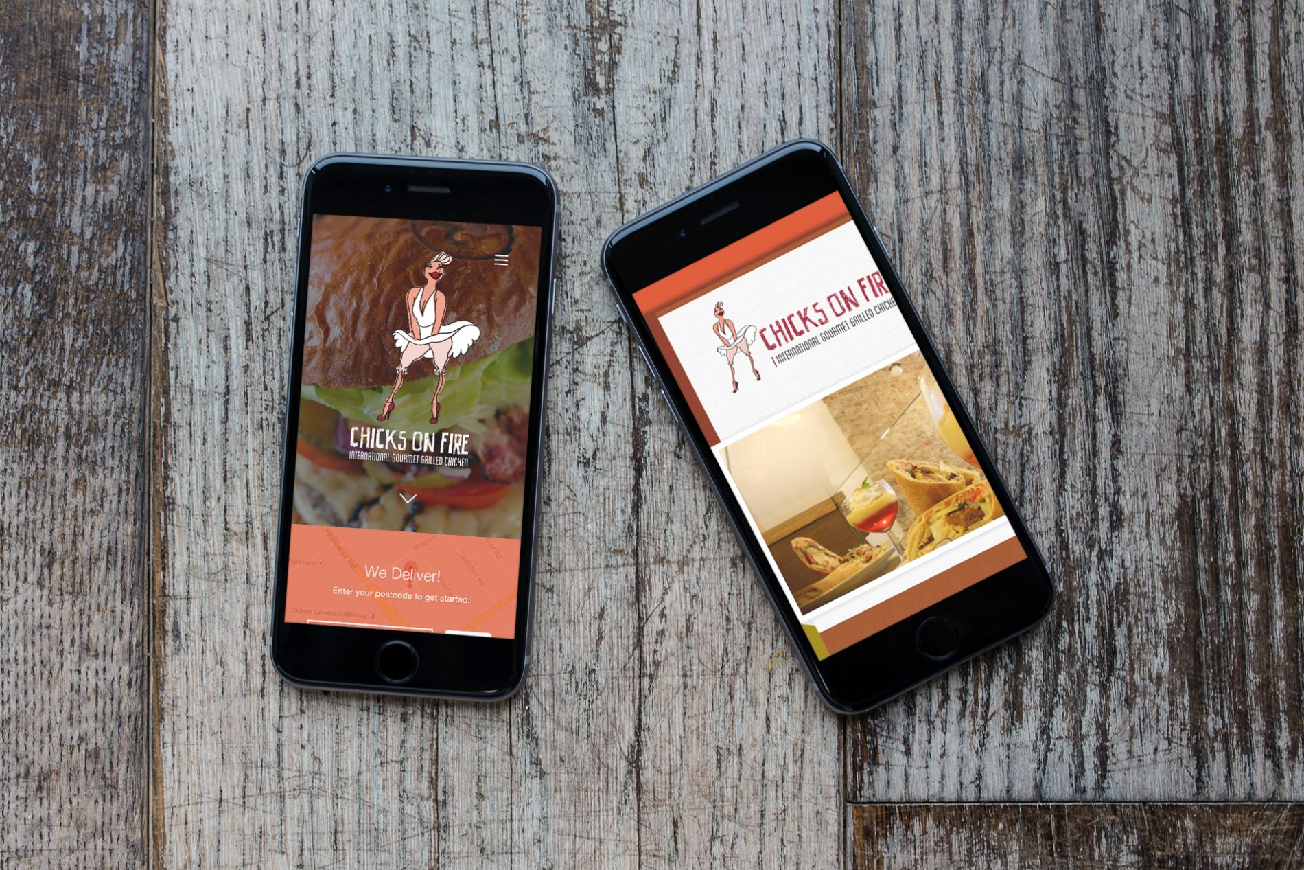 The new Chicks on Fire website, designed by JBi for a Channel 4 News segment, is displayed on an iPhone 6 next to the old website also displayed on an iPhone 6