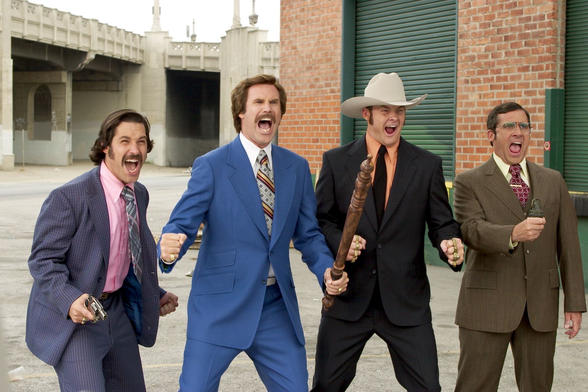 Paul Rudd, Will Ferrell, David Koechner and Steve Carell as they appeared in a scene of Anchorman