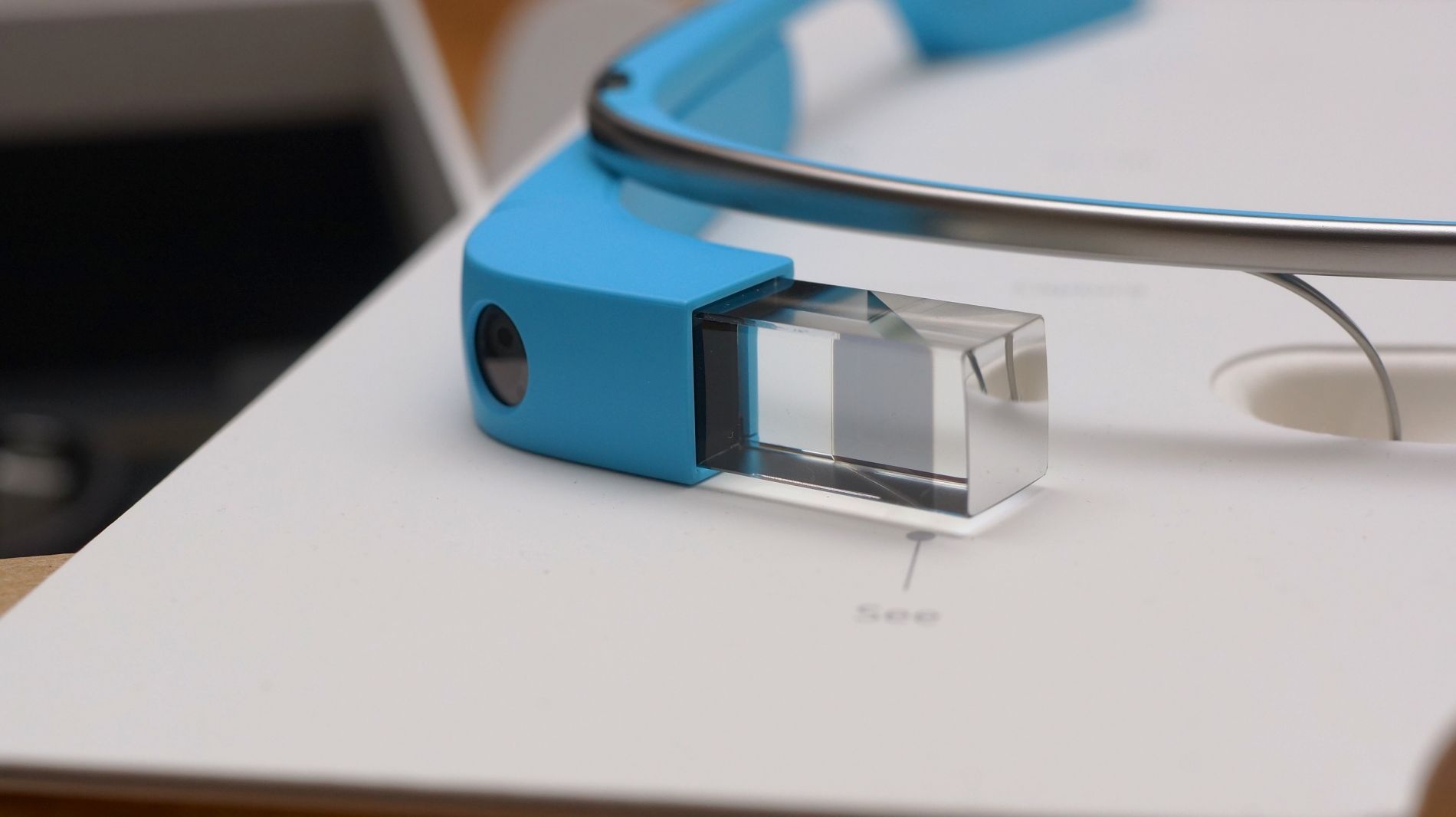 A closeup of of Google's experimental Glass device