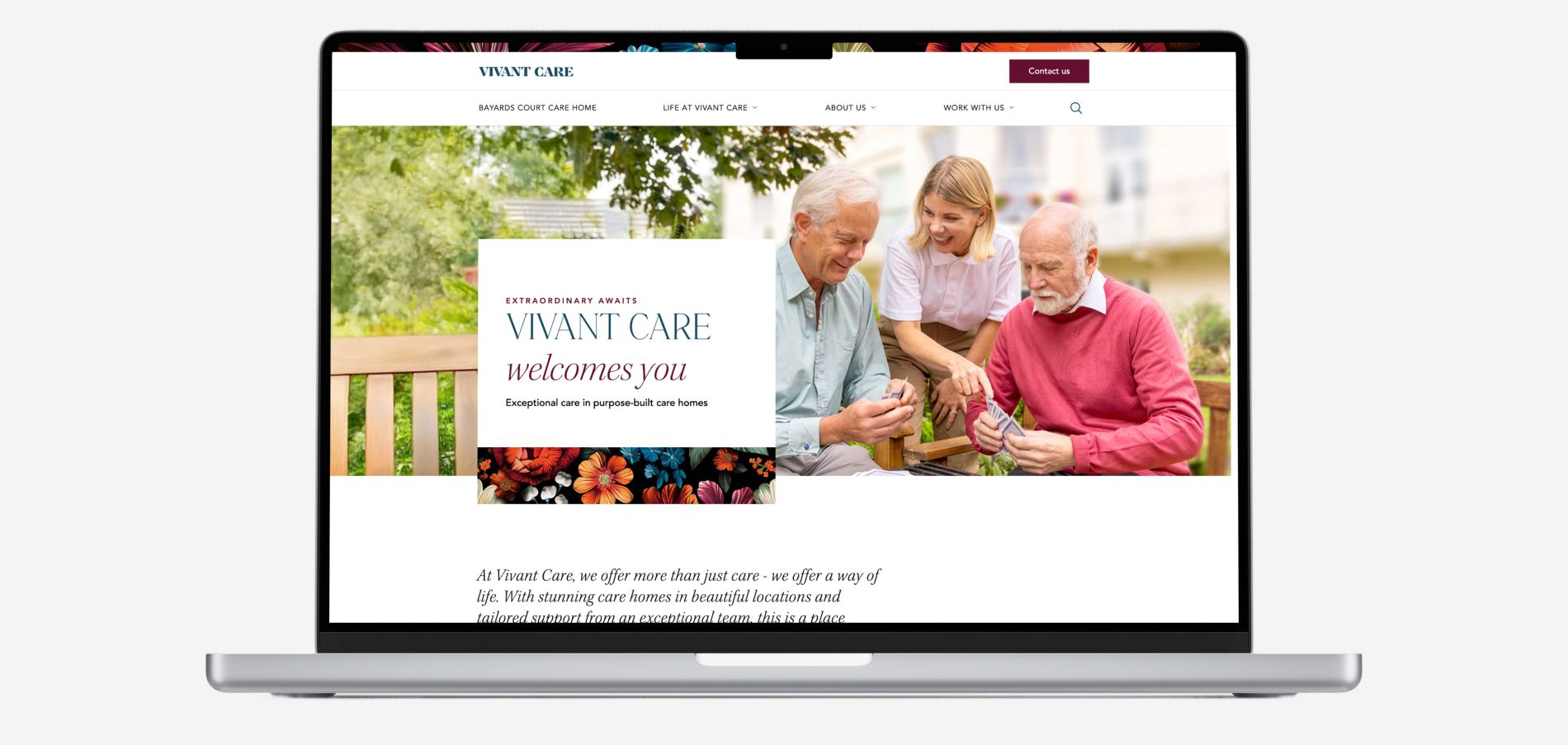 Desktop mockup of the premium Vivant Care website homepage, designed by JBi Digital using Drupal 10.